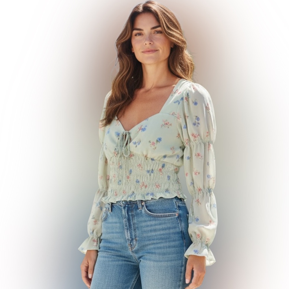 SO Green Floral Puff Sleeve Blouse